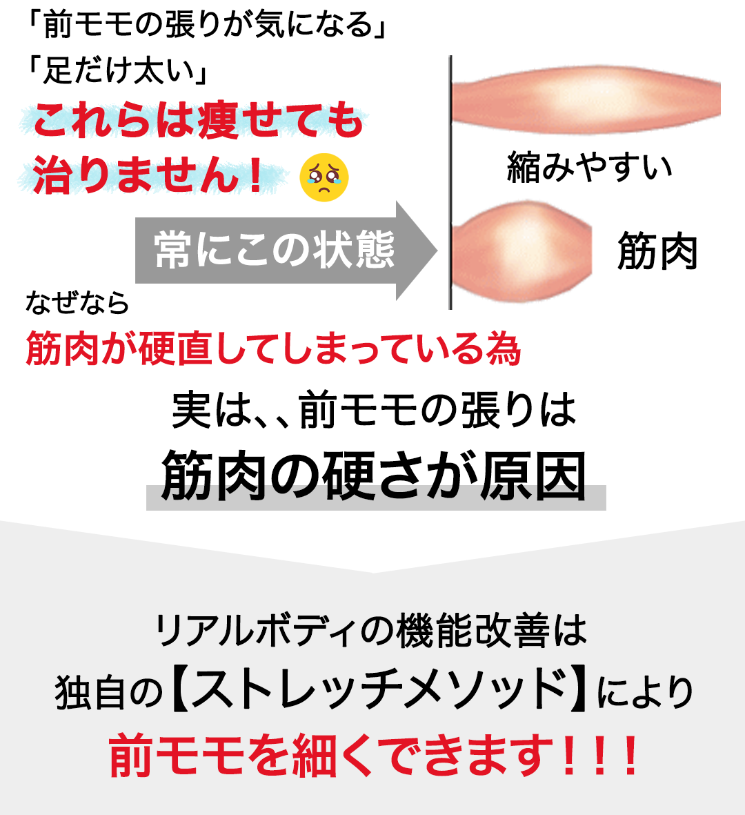 女性のお悩みで多い「足が太い」「前モモの張りが気になる」「足だけ太い」これらは痩せても治りません。なぜなら筋肉が硬直してしまっている為、前モモの張りは筋肉の硬さが原因。リアルボディの機能改善は独自のストレッチメソッドにより前モモを細くできます。