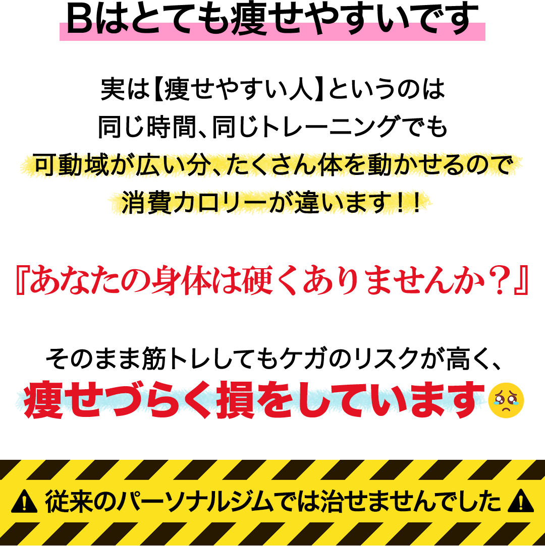 Bはとても痩せやすいです。実は痩せやすい人というのは同じ時間、同じトレーニングでも可動域が広い分、たくさん体を動かせるので消費カロリーが違います！！あなたの身体は硬くありませんか？そのまま筋トレしてもケガのリスクが高く、痩せづらく損をしています。従来のパーソナルジムでは治せませんでした。