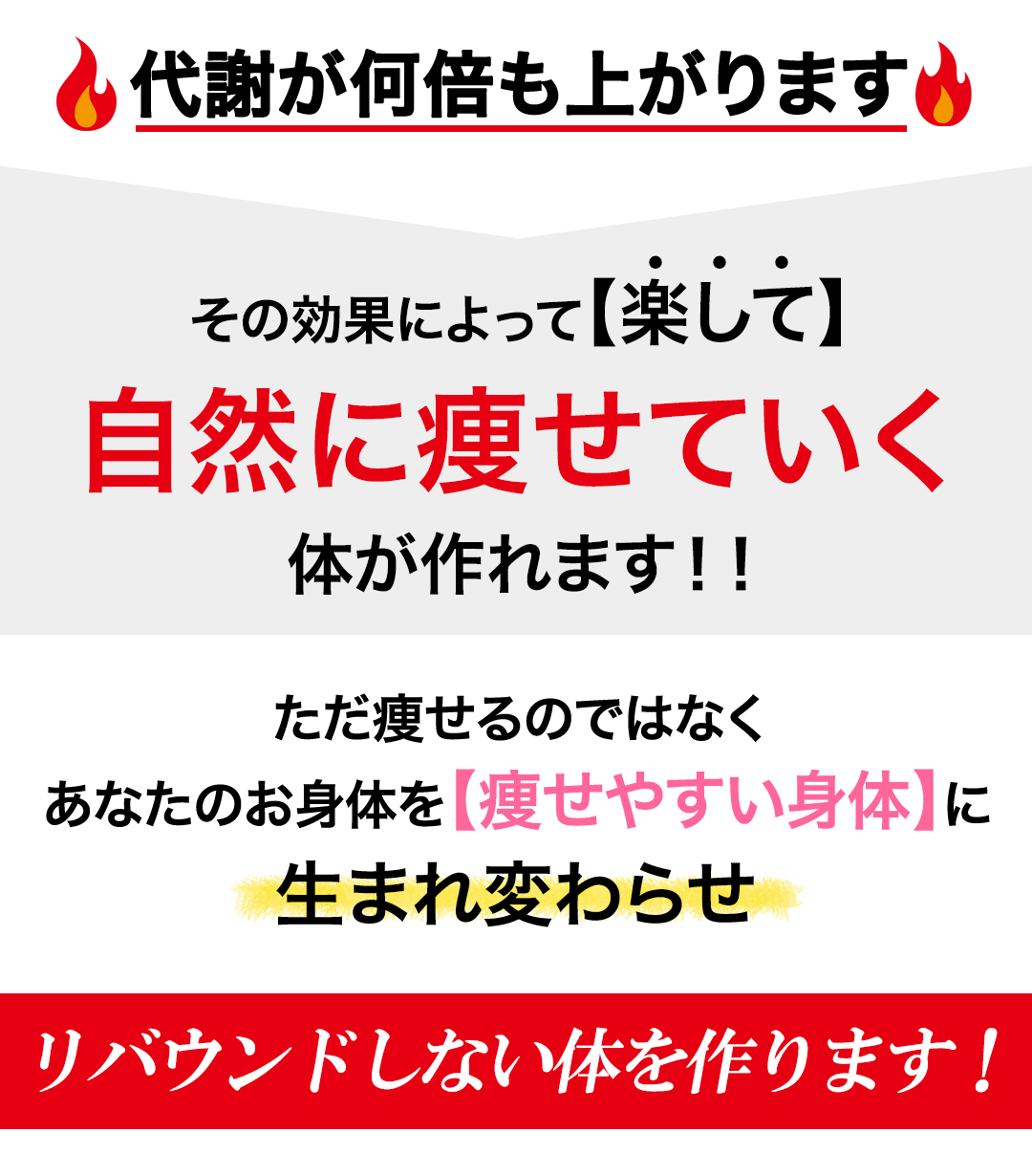 代謝が何倍も上がります。その効果によって楽して自然に痩せていく体が作れます。ただ痩せるのではなくあなたのお身体を痩せやすい身体に生まれ変わらせリバウンドしない体を作ります！