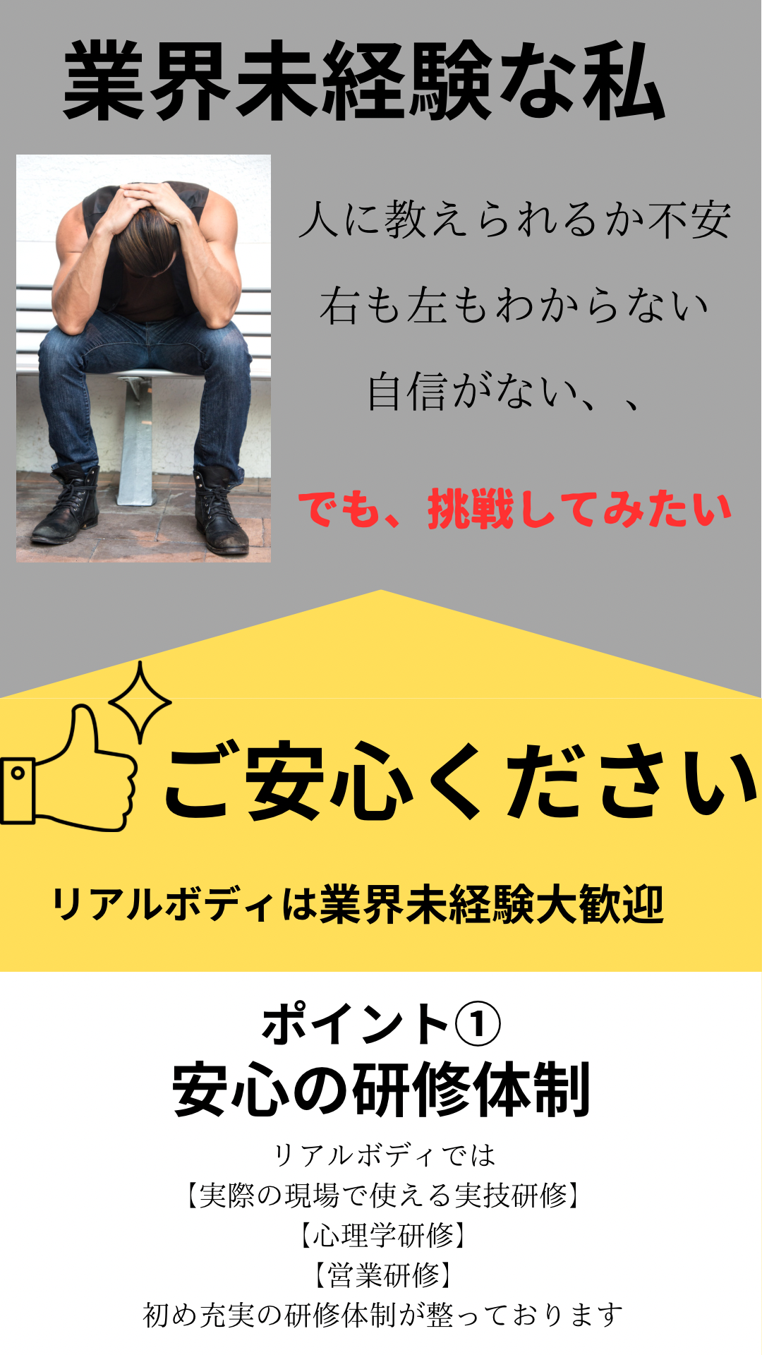 業界未経験な私、人に教えられるか不安、右も左もわからない、自信がない、でも挑戦してみたい、ご安心ください、リアルボディは業界未経験大歓迎、ポイント①安心の研修体制、リアルボディでは、実際の現場で使える実技研修、心理学研修、営業研修、初め充実の研修体制が整っております