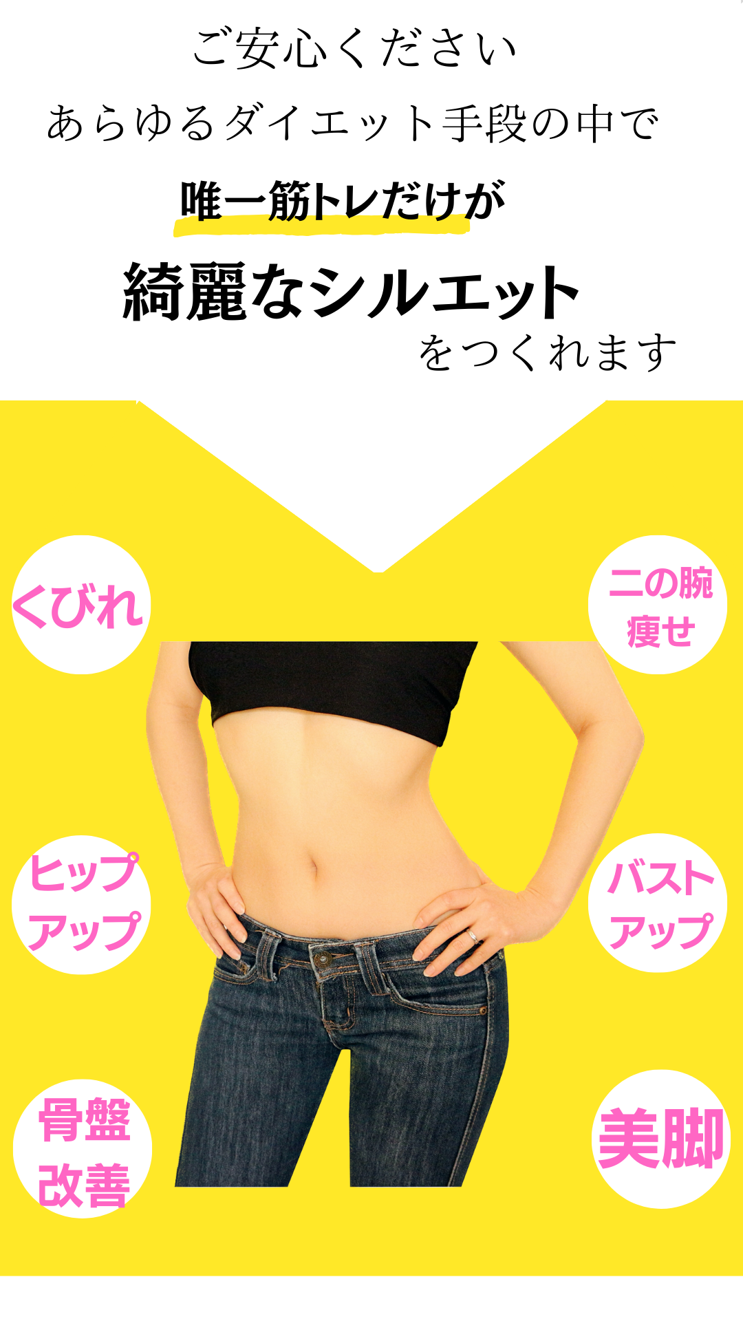 ご安心ください、あらゆるダイエット手段の中で、唯一筋トレだけがキレイがシルエットを作れます、くびれ、二の腕痩せ、ヒップアップ、バストアップ、骨盤改善、美脚