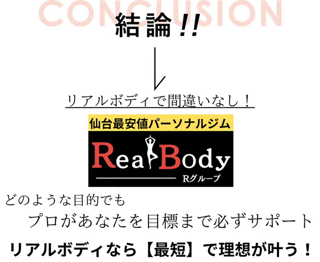 結論！！リアルボディで間違いない！仙台最安値パーソナルジムリアルボディ、どのような目的でもプロがあたなを目標まで必ずサポート、リアルボディなら最短で理想が叶う！