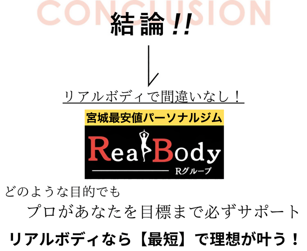 結論！！リアルボディで間違いない！宮城最安値パーソナルジムリアルボディ、どのような目的でもプロがあたなを目標まで必ずサポート、リアルボディなら最短で理想が叶う！