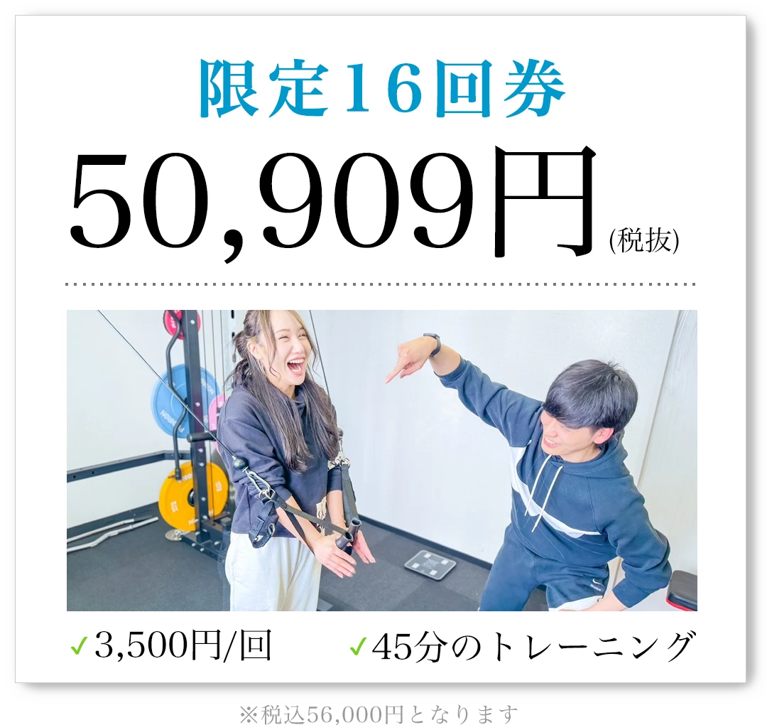 限定16回券 50,909円（税抜）1回3,500円 45分のトレーニング 税込56,000円となります