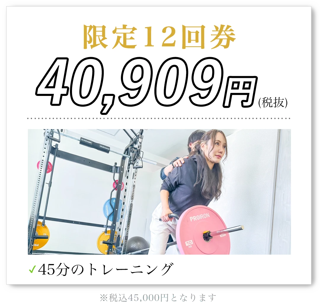 限定12回券 40,909円（税抜）45分のトレーニング 税込45,000円となります
