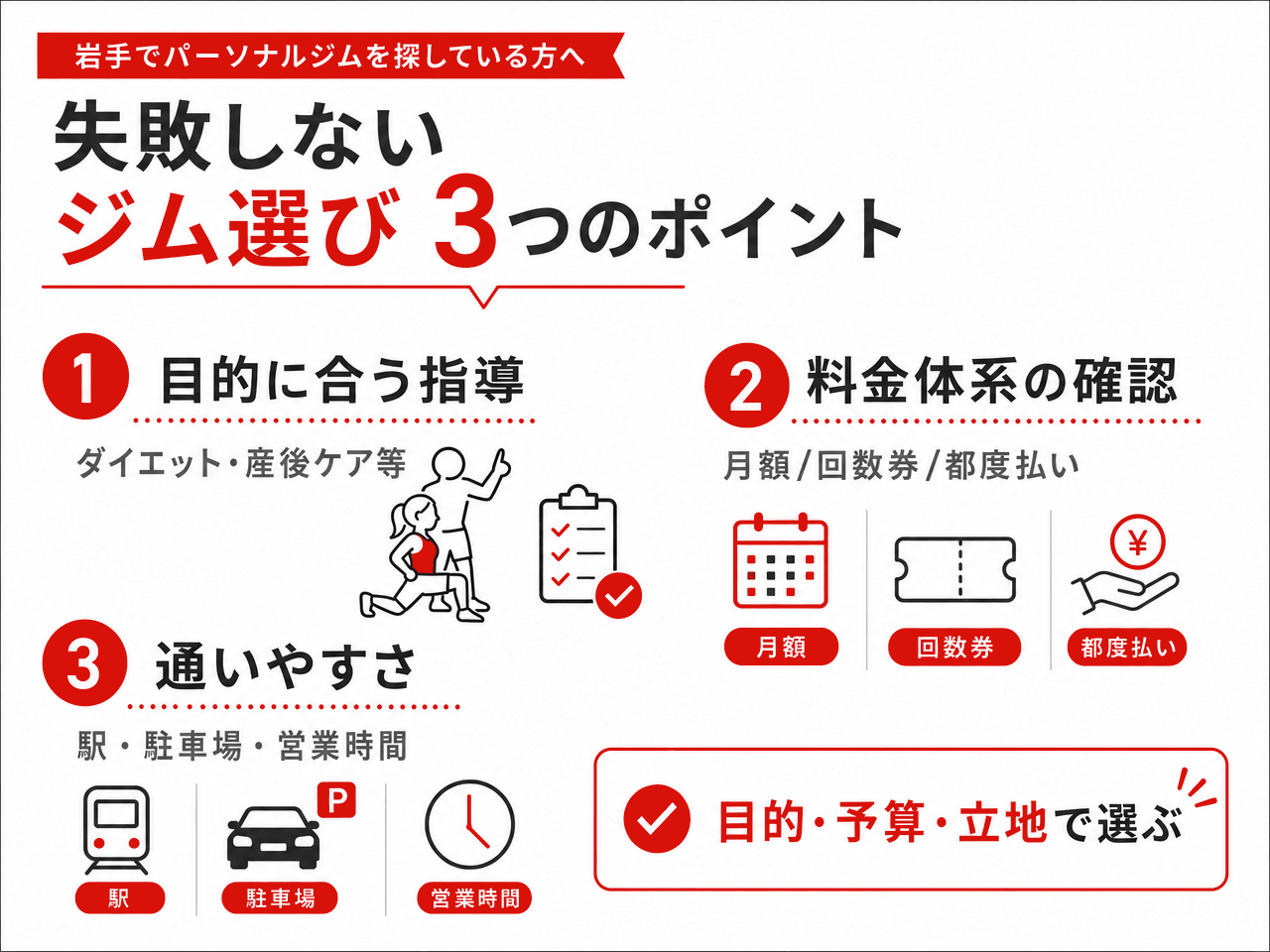 岩手で失敗しないパーソナルジム選び 3つのポイント(目的に合う指導・料金体系の確認・通いやすさ)