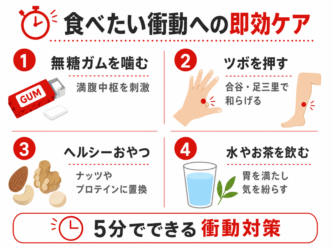 食べたい衝動への即効ケア4つを示した図解。①無糖ガムを噛んで満腹中枢を刺激②合谷・足三里のツボを押して和らげる③ナッツやプロテインなどヘルシーおやつに置き換え④水やお茶を飲んで胃を満たし気を紛らす。5分でできる衝動対策。