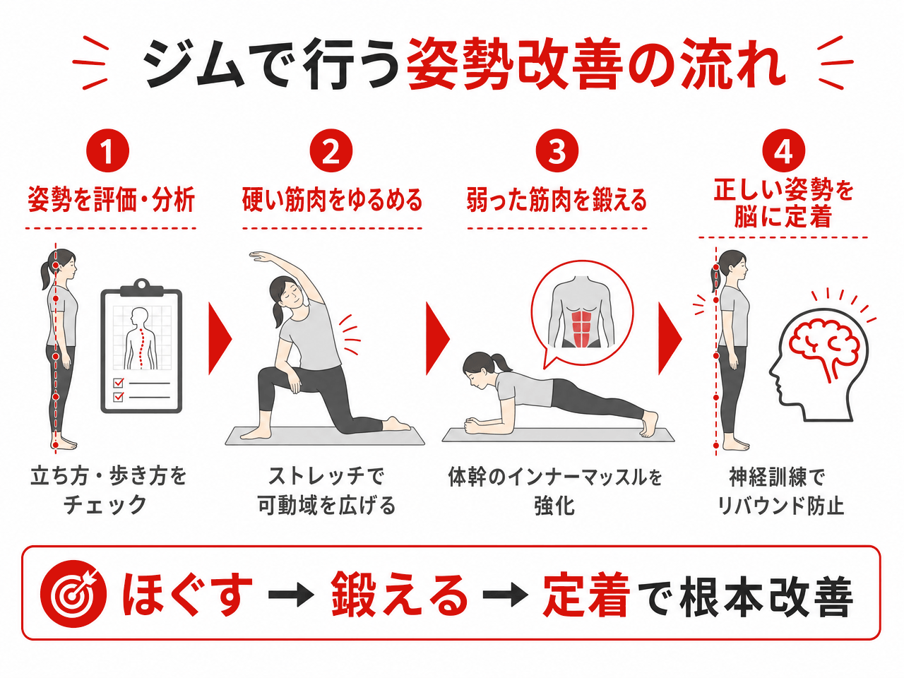 ジムで行う姿勢改善の流れの図解。①姿勢を評価・分析（立ち方・歩き方をチェック）、②硬い筋肉をゆるめる（ストレッチで可動域を広げる）、③弱った筋肉を鍛える（体幹のインナーマッスルを強化）、④正しい姿勢を脳に定着（神経訓練でリバウンド防止）。ほぐす→鍛える→定着で根本改善。