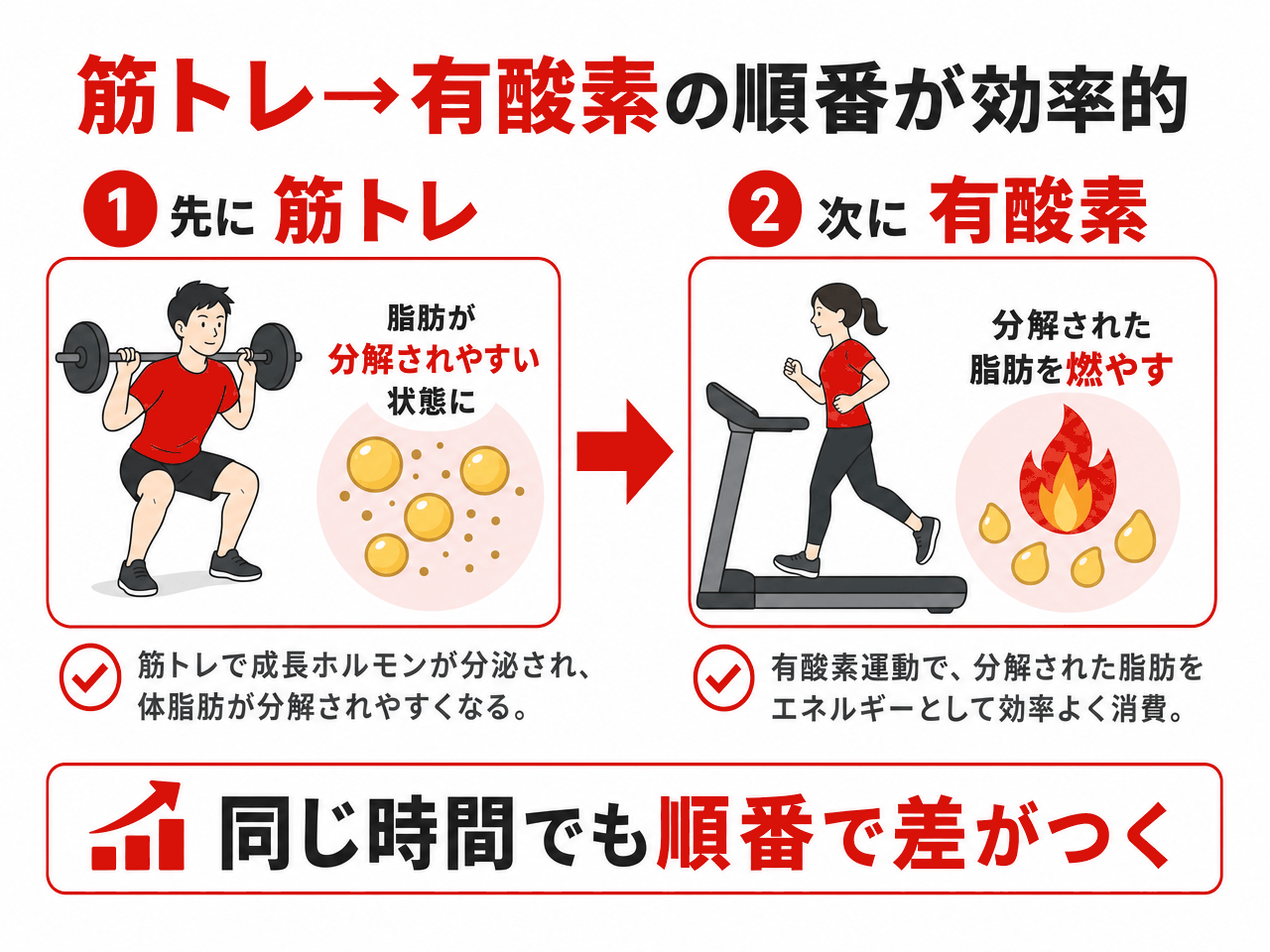 筋トレ→有酸素の順番が効率的であることを示した図。①先に筋トレを行うと成長ホルモンが分泌され脂肪が分解されやすい状態になり、②次に有酸素運動で分解された脂肪をエネルギーとして効率よく消費する。同じ時間でも順番で差がつく